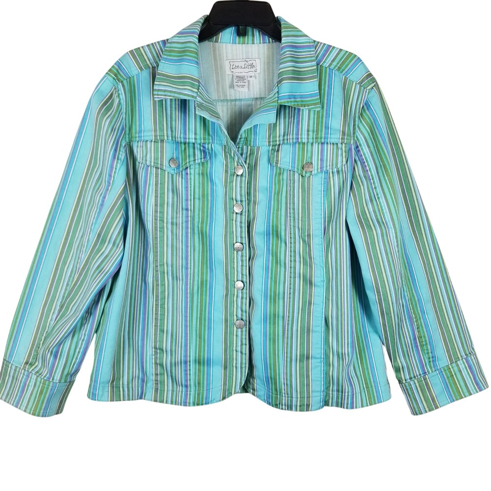Live a Little Womens 1X Striped‎ Jacket Teal Green Purple Cotton Blend 25352X